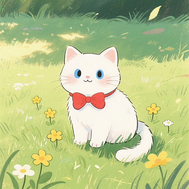 水彩风插画，白猫戴红蝴蝶结坐于花丛，拟人化设计，清新梦幻，传递春日温暖与童趣。