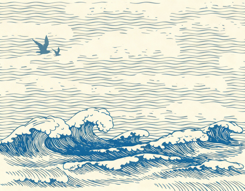 去除图片中所有的水印，保持原图海浪线稿的线条、配色和整体风格不变预览效果