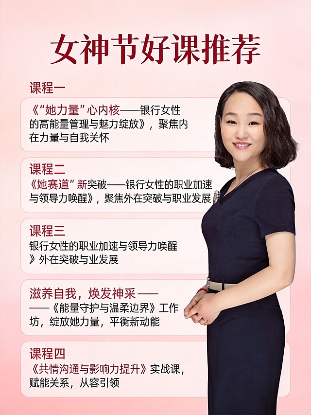 以周宝华老师形象为主体，制作女神节好课推荐海报，顶部突出核心卖点“女神节好课推荐”，下方清晰展示课程信息：课程一：《“她力量”心内核——银行女性的高能量管理与魅力绽放》，聚焦内在力量与自我关怀；课程二：《“她赛道”新突破——银行女性的职业加速与领导力唤醒》，聚焦外在突破与职业发展；课程三：滋养自我，焕发神采 ——《能量守护与温柔边界》工作坊，绽放她力量，平衡新动能；课程四：《共情沟通与影响力提升》实战课，赋能关系，从容引领。整体风格温馨专业，色彩搭配暖粉色系凸显女神节氛围，元素排版整齐，信息层级清晰