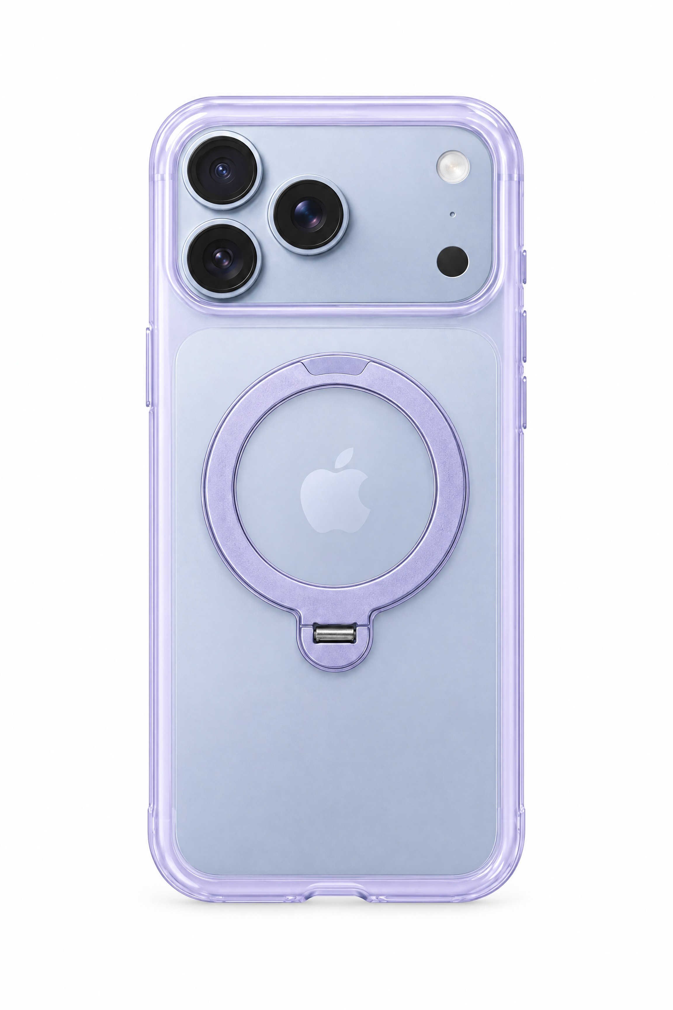 将浅蓝色iPhone手机装入淡紫色边框带磁吸指环支架的透明手机… - 图片创意预览