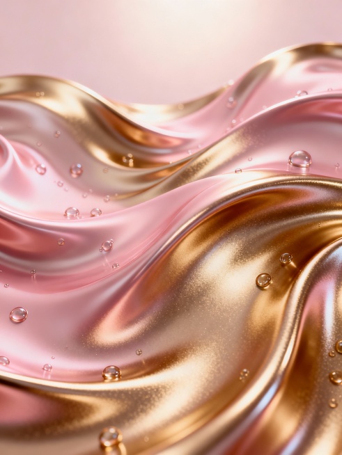 精致的3D渲染画面，主体为流动感十足的粉金色液态绸缎，呈现出柔和的波浪形态，表面光滑细腻且带有强烈的金属光泽与高光反射，绸缎间点缀着细小的水珠与气泡，悬浮于画面各处，整体色调以浅粉与香槟金为主，营造出奢华、梦幻且具有视觉张力的氛围，光线从上方柔和洒下，形成自然的明暗过渡与层次感，构图饱满，充满动态韵律，无任何文字元素。预览效果