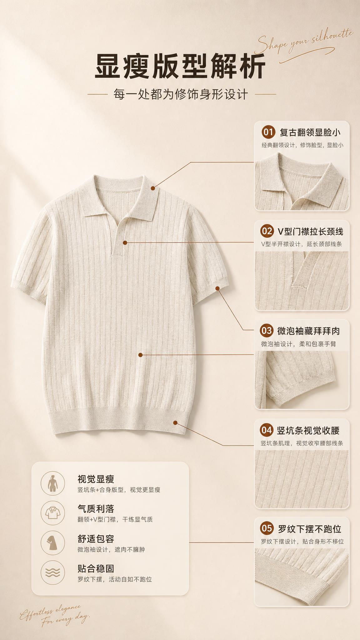 [商品] 使用【图1】燕麦米杏色竖坑条针织短袖Polo衫；商品… - 图片创意预览