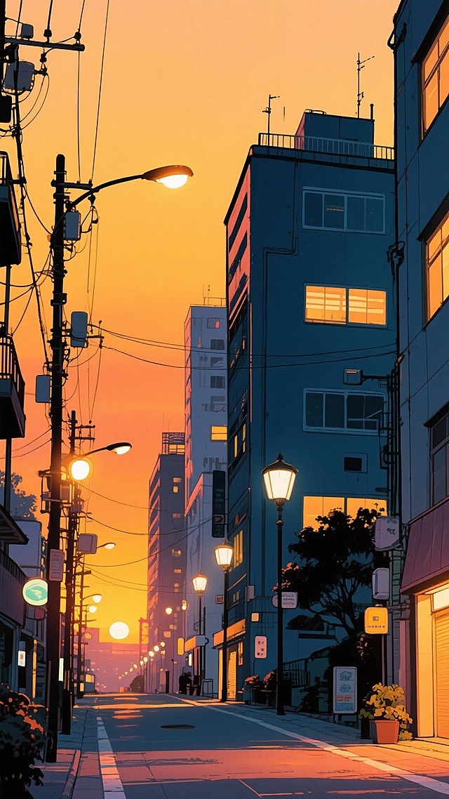 二次元，城市夜晚黄昏，氛围回忆，暖洋色，不要人物，细节丰富，9:16，生成二张