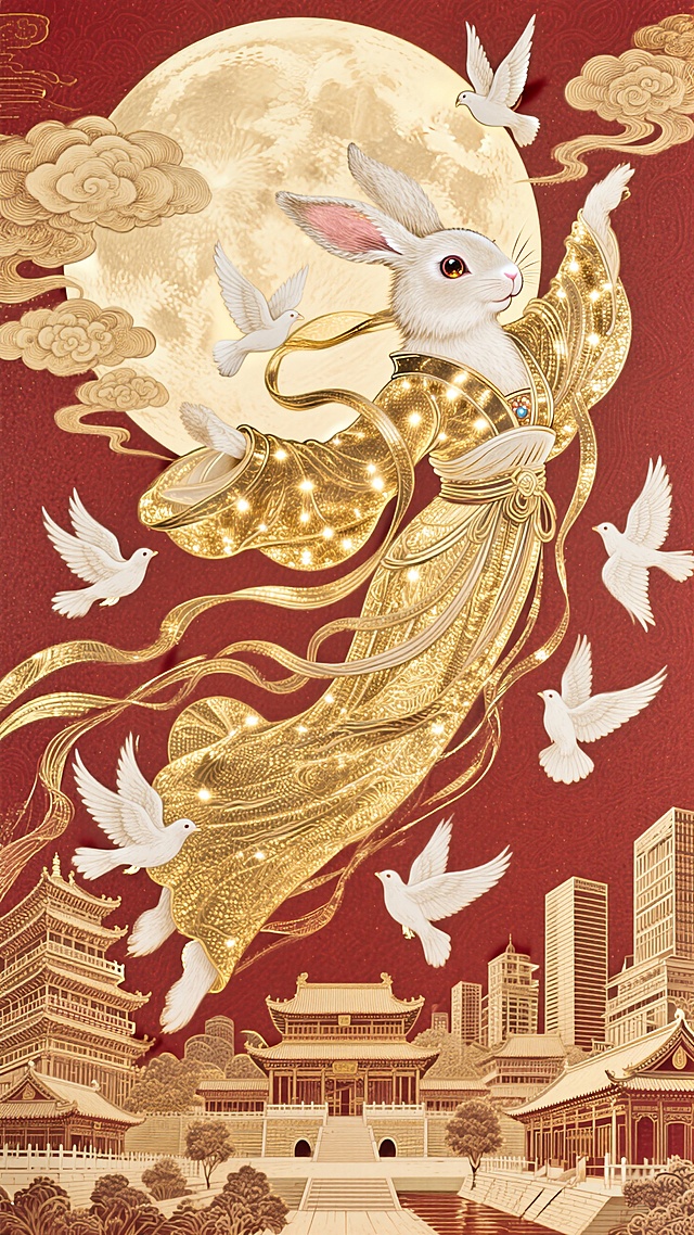 中式工笔风，拟人兔子身披鎏金华服，梦幻飞翔于古典建筑与明月间，超现实主义中秋佳节景象。