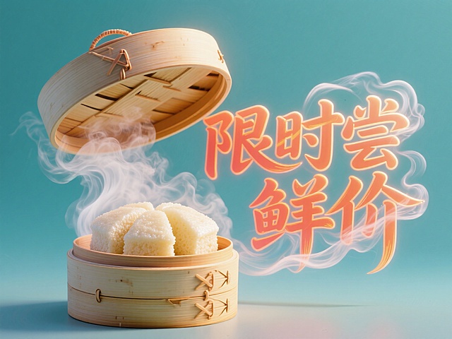 蒸笼揭开热气腾腾，蒸糕精致，文字"限时尝鲜价"