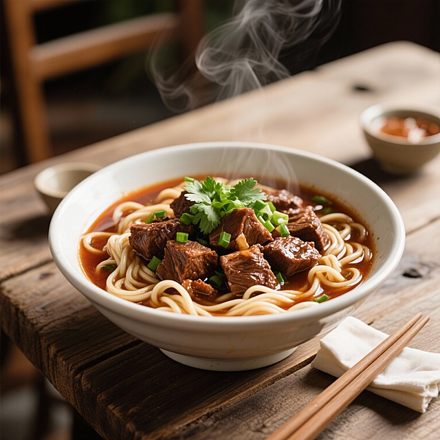 一碗热气腾腾的红烧牛肉面，牛肉块色泽红亮，面条筋道，汤汁浓郁，撒有翠绿的葱花和香菜，木质餐桌上摆放着筷子和餐巾，柔和的侧光照射，营造温暖的用餐氛围，高清菜品摄影风格