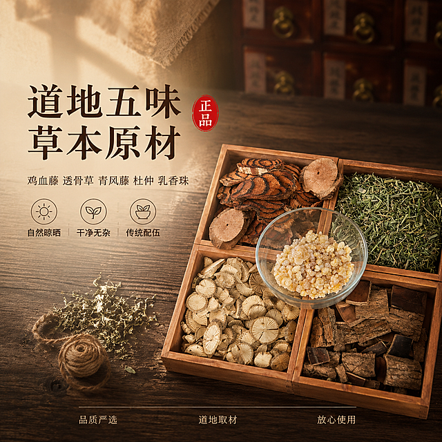 [单张主图] 鸡血藤 透骨草 青风藤 杜仲 乳香珠 五味草本药材组合 高级氛围感国风主图 800x800 1:1
[路线判断] 高级氛围感主图，突出道地药材的天然质感与传统草本文化，建立专业可信、品质上乘的品牌印象。
[画面主体] 画面中央偏右位置，木质四格托盘整齐盛放五味药材：左上格鸡血藤（红棕色环状纹理切片）、右上格透骨草（青绿细茎碎段）、左下格青风藤（浅黄白色放射状纹理圆片）、右下格杜仲（深棕褐色厚树皮块），中央前方一只透明玻璃小碗盛放乳香珠（米黄色半透明颗粒状树脂）。药材形态、颜色、纹理与输入产品图保持绝对一致，杜绝任何变形和色差，精细化处理每一味药材的表面纹理与切面细节。商品主体组合占画面约60%，完整不裁切。
[构图版式] 左文右物场景型。左侧约40%区域为文案留白区，右侧及中部为药材主体展示区；底部轻量服务图标条收口。
[场景元素] 背景为深棕色老榆木桌面，纹理自然温润；背景上方虚化呈现中式药柜抽屉一角与麻布帘，营造传统药铺氛围感；托盘左前方散落少量干艾草叶与麻绳卷作点缀；玻璃小碗边缘有柔和反光，碗底在木面上投下浅淡阴影；整体前中后景分层清晰，景深中等，背景适度虚化突出主体。
[文案版式] 左侧负空间左对齐排版，留足安全边距。
主标题（两行，最大号粗宋体，深棕近黑色）：
「道地五味」
「草本原材」
副文案（主标题下方，细宋体，字号约为主标题1/3，棕褐色）：
鸡血藤 透骨草 青风藤 杜仲 乳香珠
主标题右侧竖排一枚朱红色圆形印章，印章内白色小篆字体「正品」。
副文案下方横向排列3个轻量线稿图标+短句（棕褐色细线图标，配小号黑体字）：
自然晾晒  干净无杂  传统配伍
画面底部居中一条极细的浅棕色分隔线，线下三列小字均匀分布（深棕小号黑体）：
左「品质严选」 中「道地取材」 右「放心使用」
[光影质感] 自然光从左上方45°斜射，柔和窗光质感；药材表面呈现自然漫反射，鸡血藤切面有温润光泽，乳香珠颗粒有半透明通透感，杜仲树皮纹理凹凸分明；整体光线均匀柔和，暗部有层次，无强烈阴影；木面有轻微反光，投影自然虚化，营造温暖沉静的传统药铺氛围。
[配色字体] 主色调为暖木棕色系（深棕桌面+浅棕托盘）；辅助色为药材本色（红棕、青绿、米白、深褐、乳黄）；强调色为朱红色（印章点缀，面积<5%）。字体以宋体为主标题，细宋体为副文案，黑体为说明小字，整体风格传统雅致、层级清晰。
[比例分辨率] 1:1比例，800x800像素，2K清晰度，文字清晰锐利，超高清商业摄影质感。
[负向提示词] 变形，文字错乱，药材模糊，背景杂乱，水印，电商平台Logo，多余的手，畸形手指，人物面部，现代塑料感包装，西药瓶，鲜艳夸张配色，药材形态失真，颜色偏差，悬浮感，硬切边缘。