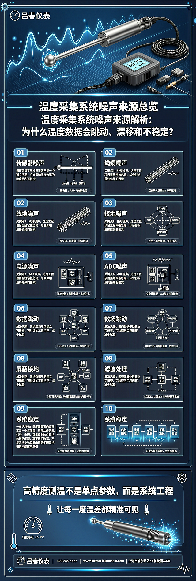 竖版长海报，宽1080px，高3200px，工业科技风，主色调深蓝、白、金属灰。左上角放文字"吕春仪表"，海报大标题："温度采集系统噪声来源总览"，副标题："温度采集系统噪声来源解析：为什么温度数据会跳动、漂移和不稳定？"。顶部封面区：大标题加副标题，背景是金属温度探头、采集仪和温度曲线。中间主体区：一共10个卡片模块，依次排列：01 传感器噪声：温度采集系统噪声来源不是一个孤立问题，它会影响温度数据的稳定性和可信度，配总览示意图；02 线缆噪声：关键点1：线缆噪声。这是工程项目里经常被忽略，却会影响最终结果的因素，配线缆模块示意图；03 接地噪声：关键点2：接地噪声。这是工程项目里经常被忽略，却会影响最终结果的因素，配接地模块示意图；04 电源噪声：关键点3：电源噪声。这是工程项目里经常被忽略，却会影响最终结果的因素，配电源模块示意图；05 ADC噪声：关键点4：ADC噪声。这是工程项目里经常被忽略，却会影响最终结果的因素，配ADC模块示意图；06 现场干扰：解决思路：围绕现场干扰建立可排查、可验证的工程闭环，减少试错，配现场干扰流程图标；07 数据跳动：解决思路：围绕数据跳动建立可排查、可验证的工程闭环，减少试错，配数据跳动流程图标；08 屏蔽接地：解决思路：围绕屏蔽接地建立可排查、可验证的工程闭环，减少试错，配屏蔽接地流程图标；09 滤波处理：解决思路：围绕滤波处理建立可排查、可验证的工程闭环，减少试错，配滤波处理流程图标；10 系统稳定：一句话总结：温度采集系统的噪声不是一个单点问题，而是从传感器、线缆、接地、电源、采集仪到软件算法的链路问题。真正稳定的数据，不是靠把小数位显示得更多，而是把噪声来源逐层压低，配金属探头剪影和蓝色光效。底部总结区：突出文字"高精度测温不是单点参数，而是系统工程"，底部放文字"让每一度温差都精准可见"。适合抖音图文、公众号配图。