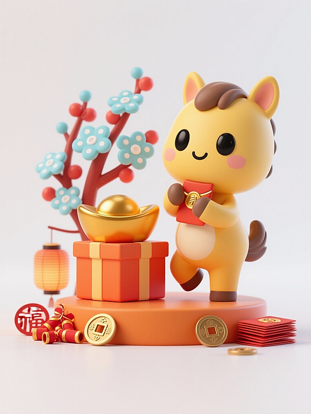 生成一套八张不同姿势的素材图，主角是一只圆润黑眼睛、表情呆萌可爱的 Q 版黄色小马，整体呈现高饱和度的多巴胺糖果色系，纯白色背景，完整展示所有素材
1、粉色的招财鼎承载的新春场景中：小马两只前蹄抱着一副红底金字春联，嘴角微微上扬，它身后簇拥着表面带浅绿色波点的风格化绿色松树，招财鼎底座下摆放着烫金灯笼、方孔铜钱、炮竹与一张倒福字。
2、橘色元宝形礼盒承载的新春场景，小马只前蹄抬起作揖拜年，另一只前蹄抱着烫金红包，耳朵微微晃动，它身后簇拥着花瓣带浅蓝色波点的风格化红梅，礼盒底座下摆放着剪纸灯笼、方孔铜钱、炮竹与一沓压岁红包。
3、檬黄色多层食盒承载的新春场景，小马两只前蹄牵着系着粉丝带的点心礼盒，脑袋歪向一侧卖萌，它身后簇拥着花叶带嫩黄色波点的风格化水仙，食盒底座下摆放着手绘灯笼、方孔铜钱、炮竹与几盒精致的酥糖点心。
4、青柠绿色描金果盘承载的新春场景，小马一只前蹄举着一串红彤彤的糖葫芦，正眯着眼睛啃咬得津津有味，它身后簇拥着枝条带翠绿色波点的风格化银柳，果盘底座下摆放着复古印花灯笼、方孔铜钱、炮竹与一盘装满瓜子花生的果盘。
5、天蓝色陶制食罐承载的新春场景，小马两只前蹄捧着一盘金黄的灶糖，尾巴轻轻摇摆着，它身后簇拥着竹节带天蓝色波点的风格化富贵竹，食罐底座下摆放着镂空宫灯、方孔铜钱、炮竹与一个迷你的木质灶台摆件。
6、橘红色描金聚宝盆承载的新春场景，小马两只前蹄举着一个沉甸甸的大金元宝，耳朵竖得笔直，它身后簇拥着叶片带橘红色波点的风格化年桔，聚宝盆底座下摆放着招财进宝主题灯笼、方孔铜钱、炮竹与一顶精致的财神帽。
7、紫罗兰色竹编簸箕承载的新春场景，小马一只前蹄握着一把小巧的竹扫帚，正在轻轻扫着地，它身后簇拥着花瓣带淡紫色波点的风格化腊梅，簸箕底座下摆放着简约条纹灯笼、方孔铜钱、炮竹与一袋饱满的五谷杂粮。
8、薄荷绿色雕花花灯盏承载的新春场景，小马头顶戴着一个彩色的人胜发饰，两只前蹄开心地拍着，它身后簇拥着花瓣带薄荷绿色波点的风格化桃花，花灯盏底座下摆放着缤纷花灯、方孔铜钱、炮竹与几缕五彩的编织彩绳。