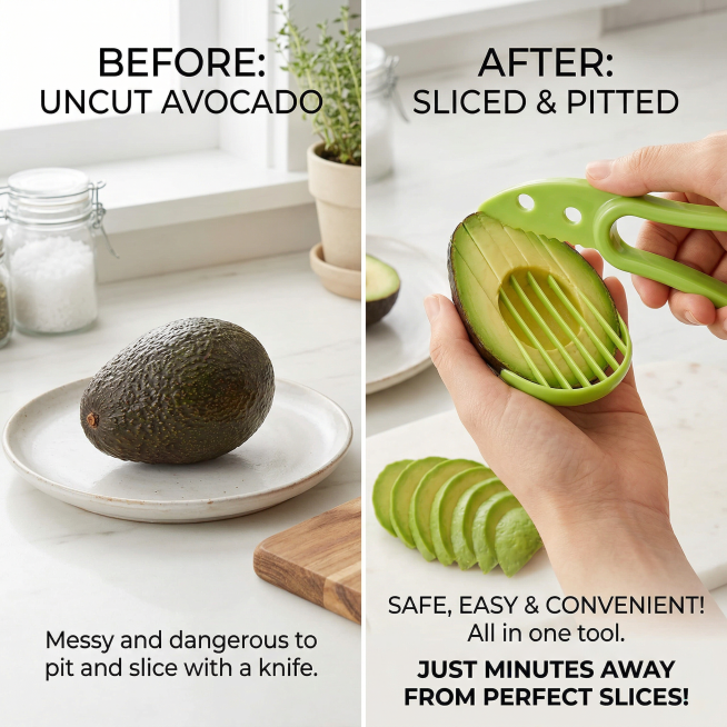 Before and after comparison image of using 3-in-1 avocado slicer, left side shows whole uncut avocad预览效果