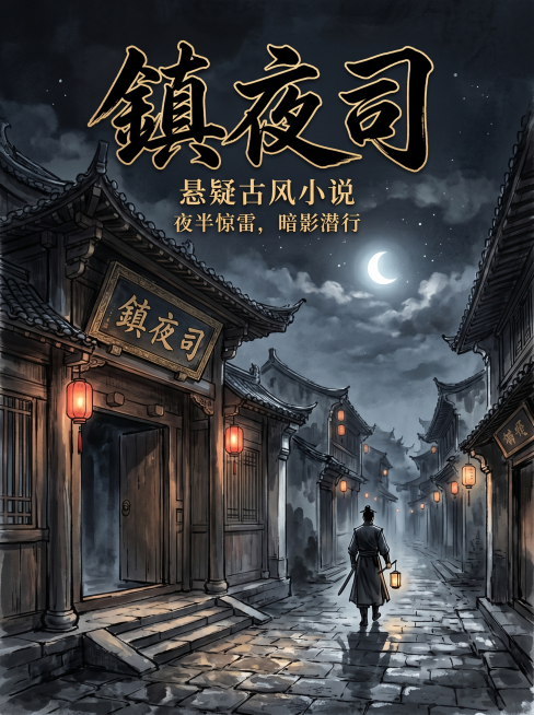 悬疑古风小说封面，书名“镇夜司”，古风城镇夜晚街头，古朴匾额写着镇夜司，月光下静谧氛围感，文字排版设计在画面上方，国风水墨风格预览效果