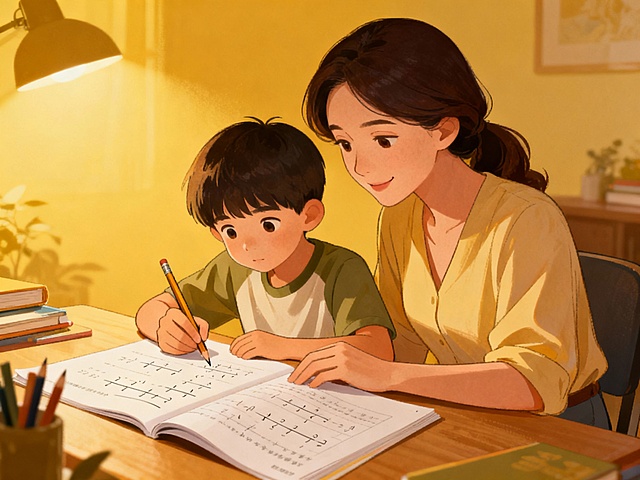 一位母亲和孩子坐在书桌前共同研究数学题，母亲表情温和，孩子认真思考，桌上摊开作业本和铅笔，背景是温馨的家庭环境，风格是插画风格，比例是4:3