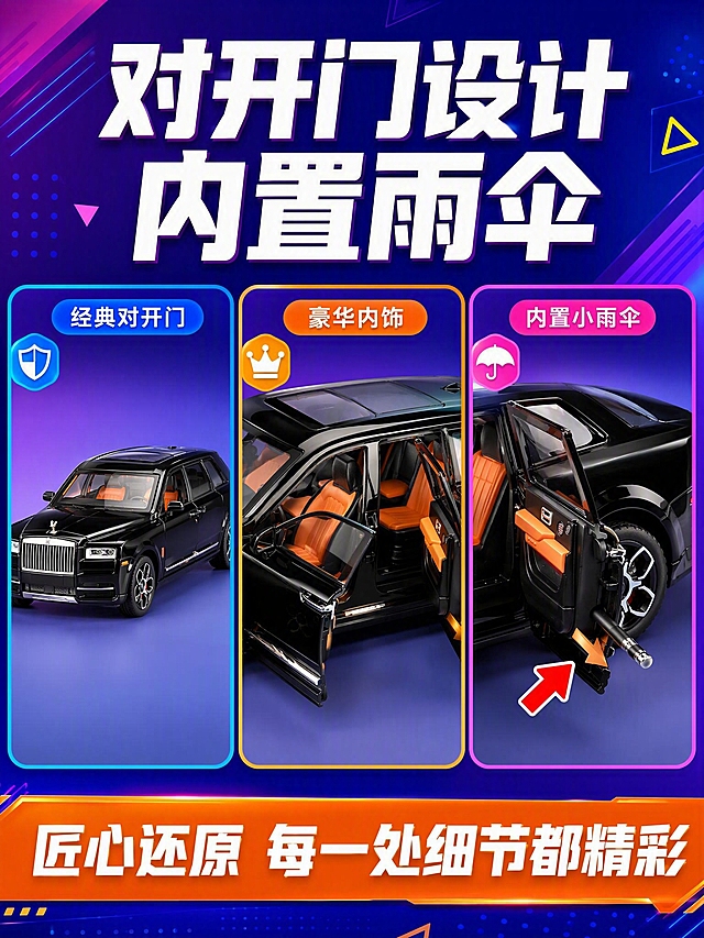 [商品] 使用【图2】黑色1:20劳斯莱斯库里南BB版合金车模；保留对开门结构、橙色内饰座椅、车门内置小雨伞、车身黑色漆面等全部原貌；修除瑕疵，提亮车漆光泽，增强橙色内饰鲜艳度。
[画面] 页面目标：动态功能展示，对开门+内置雨伞特色功能。构图：三宫格连拍型，横向排列三个功能动作画面。左格：车门关闭状态整车展示；中格：对开门打开状态，展示内饰；右格：车门打开+雨伞取出特写，雨伞旁有鲜艳红色箭头指示。每格都有鲜艳彩色边框和小图标标注。背景为鲜艳的蓝紫色渐变，有几何图形装饰，整体年轻活力。底部有通栏彩色信息条。
[视觉] 套系策略：风格=潮玩收藏鲜艳撞色风；标题字=现代粗体无衬线 厚重有力；正文字=简洁无衬线体；主色=蓝紫色+亮橙色撞色；背景延展=高饱和蓝紫渐变+几何图形+彩色边框；强调色=亮红色+亮黄色 用于箭头和标签；标题色=白色粗体；正文色=浅紫色/白色；组件=彩色边框宫格 发光箭头 圆角标签；光影=均匀棚拍光 每格车模清晰 颜色鲜艳 对比分明。
[文字] 画面最上方主标题大号白色粗体"对开门设计 内置雨伞"，下方三格各有小号彩色标签：左格"经典对开门"、中格"豪华内饰"、右格"内置小雨伞"。底部通栏亮橙色条带内白色文字"匠心还原 每一处细节都精彩"。
[规格] 图片比例3:4竖版，4K，避免变形、错字、文字过小、颜色灰暗、冷灰背景、车漆变色、结构失真、水印、杂乱杂物。