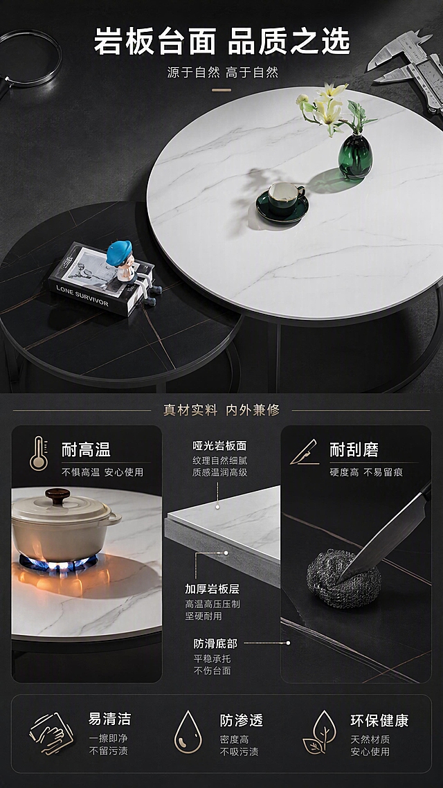 [第3张] 详情页材质解析页-岩板台面耐高温耐刮磨性能展示。本张使用【图1】中岩板台面部分作为材质特写主体。
[氛围/风格] 专业材质解析风，高级商业摄影，科技质感。
[元素布局] 画面上半部分为岩板台面大特写，占比约50%，展示哑光雪山石岩板细腻纹理与劳伦黑金岩板深色纹理对比；下半部分为性能演示区，左侧用高温火焰/热水示意耐高温，右侧用金属钢丝球/刀具示意耐刮磨；中间穿插岩板材质截面示意；背景为深灰色高级质感台面，搭配测量卡尺、放大镜等专业元素；岩板纹理、质感与输入产品图一致。
[光影质感] 顶部柔光均匀照明，岩板表面呈现细腻哑光质感，纹理清晰可见，底部柔和投影，整体专业清晰。
[配色色系] 全局底色#2C2C2C深灰黑；主色岩板白+劳伦黑金；辅助色深灰背景、金属银灰工具；点缀色橙色高温示意。
[视角构图] 俯视特写+平视演示上下分区，阅读动线上半岩板特写→下半性能卖点。
[文字版式] 顶部主标题「岩板台面 品质之选」，白色粗体居中；下半部分左右两栏，左栏标题「耐高温」配图标+说明「不惧高温 安心使用」，右栏标题「耐刮磨」配图标+说明「硬度高 不易留痕」；底部补充「易清洁 防渗透」卖点；文字清晰可读，不遮挡岩板纹理主体。
[比例分辨率] 9:16竖版比例，4K分辨率，文字清晰可辨，高清画质。
[负向提示词] 岩板纹理错乱，颜色偏差，水印，文字过小，产品图模糊，背景杂乱。