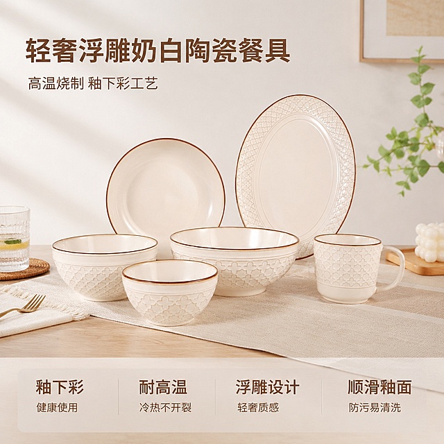 [主图-1] 海谱优轻奢奶白金边浮雕陶瓷碗盘组合成套展示首图。
[氛围风格] 温馨整洁现代家居用餐氛围，轻奢简约风；
[画质] 商业摄影质感、光线柔和通透、产品清晰真实、画面干净高级。
[元素] 整套奶白陶瓷餐具居中陈列，大中小碗盘咖啡杯有序摆放，错落有致。浅原木色餐桌台面，搭配餐布和少量点缀的新鲜绿植，浅白墙壁背景，风格简约干净。保持产品外观（物理结构、材质质感、奶白颜色、浮雕花纹、金边细节）与输入产品图绝对一致，杜绝任何变形和色差，精细化处理。商品主体占比严格控制在70%左右，画面满屏无边框。
[光影] 上午柔和自然光从侧面射入，给奶白陶瓷镀上温柔暖边，高光落在釉面体现顺滑质感，阴影过渡柔和，背景干净不抢产品关注度。主体明亮清晰，通透不灰蒙，高光不溢，暗部有层次。
[配色] 主色调奶白色、原木浅棕色，辅助色金边浅棕金色，整体清新柔和。
[视角构图] 平视角度，完整展示整套产品轮廓不裁切，前中后景分层，景深适中。
[文字版式] 左上负空间左对齐留安全边距，主文案大字加粗奶棕色字体写"轻奢浮雕奶白陶瓷餐具"，下方辅助小字写"高温烧制 釉下彩工艺"；底部通栏半透明渐变蒙层均分四列，列内上短句下说明左对齐：列一「釉下彩」「健康使用」列二「耐高温」「冷热不开裂」列三「浮雕设计」「轻奢质感」列四「顺滑釉面」「防污易清洗」；上层短句同字号更粗，奶棕色字体和浅色背景强对比，现代无衬线字体。
[比例分辨率] 1:1 比例，4k 分辨率；文字清晰锐利，画面超高清。
[负向提示词] 变形，文字错乱，产品图模糊，背景杂乱，水印，电商平台Logo。