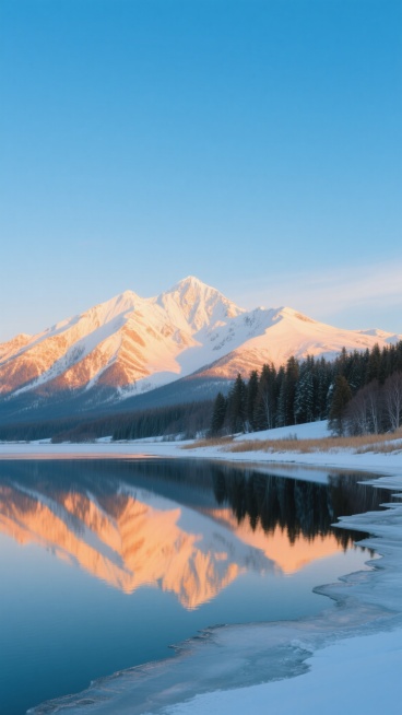 高清摄影风格，明亮通透的色调，湛蓝渐变的天空，远处连绵的雪山山顶覆盖着皑皑白雪，山体在清晨阳光照射下呈现温暖的橙金色，山脚下是覆盖着白雪的森林和草地，近处是平静如镜的湖面，清晰倒映着雪山和天空的色彩，湖岸边缘有部分结冰，冰面与水面交融，整体画面宁静悠远，光影柔和，营造出清新自然的氛围。预览效果