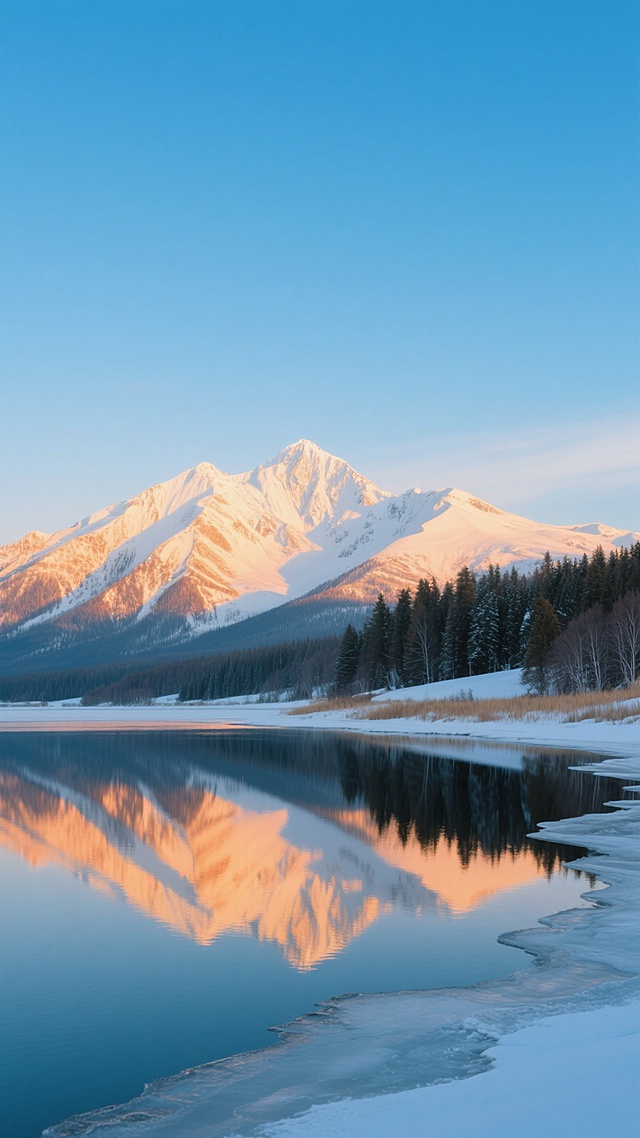 高清摄影风格，明亮通透的色调，湛蓝渐变的天空，远处连绵的雪山山顶覆盖着皑皑白雪，山体在清晨阳光照射下呈现温暖的橙金色，山脚下是覆盖着白雪的森林和草地，近处是平静如镜的湖面，清晰倒映着雪山和天空的色彩，湖岸边缘有部分结冰，冰面与水面交融，整体画面宁静悠远，光影柔和，营造出清新自然的氛围。