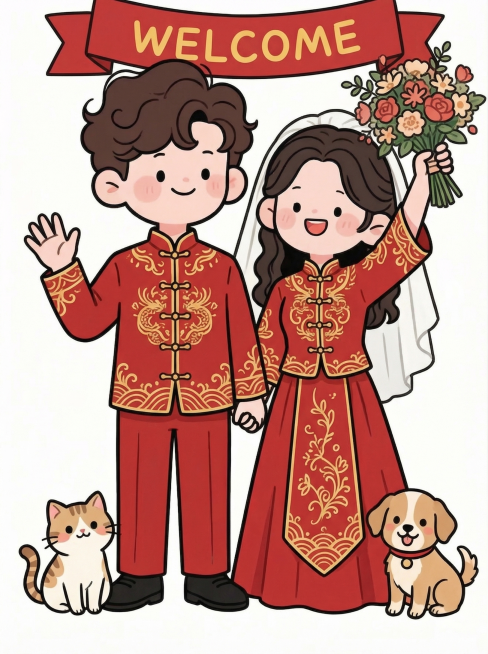 参考第一张图里的新人形象和发型特征，将他们的服装换成中式婚服，动作和道具改成第二张图里的样子：女生高举花束，男生挥手，两人牵手，画面顶部加一个写有welcome的横幅，添加一只猫咪和一只小狗在新人脚边预览效果