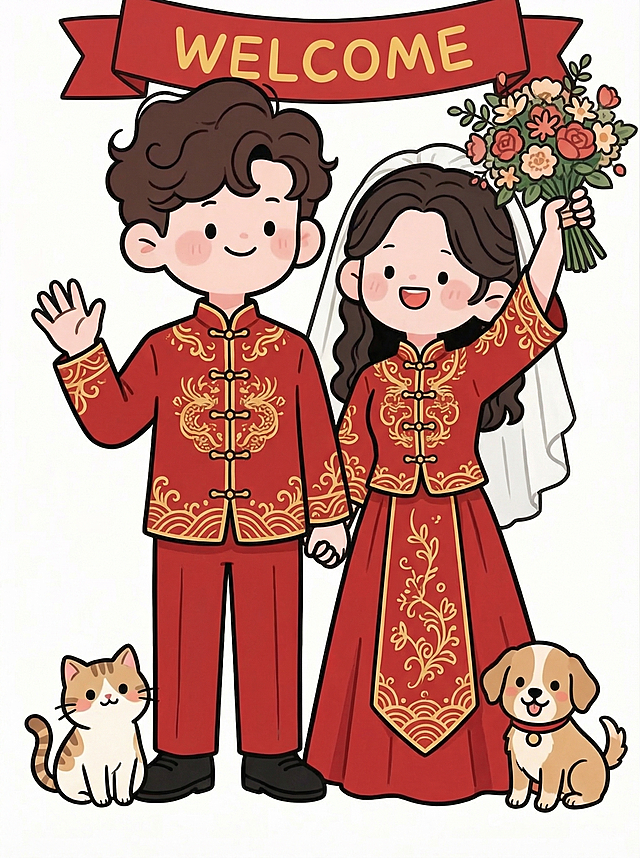 参考第一张图里的新人形象和发型特征，将他们的服装换成中式婚服，动作和道具改成第二张图里的样子：女生高举花束，男生挥手，两人牵手，画面顶部加一个写有welcome的横幅，添加一只猫咪和一只小狗在新人脚边，整体保持可爱Q版卡通插画风格