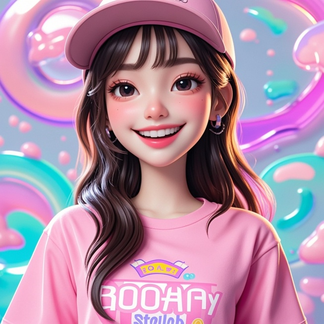 一个女生，开心笑着，粉色t恤，个性发型，带帽子预览效果