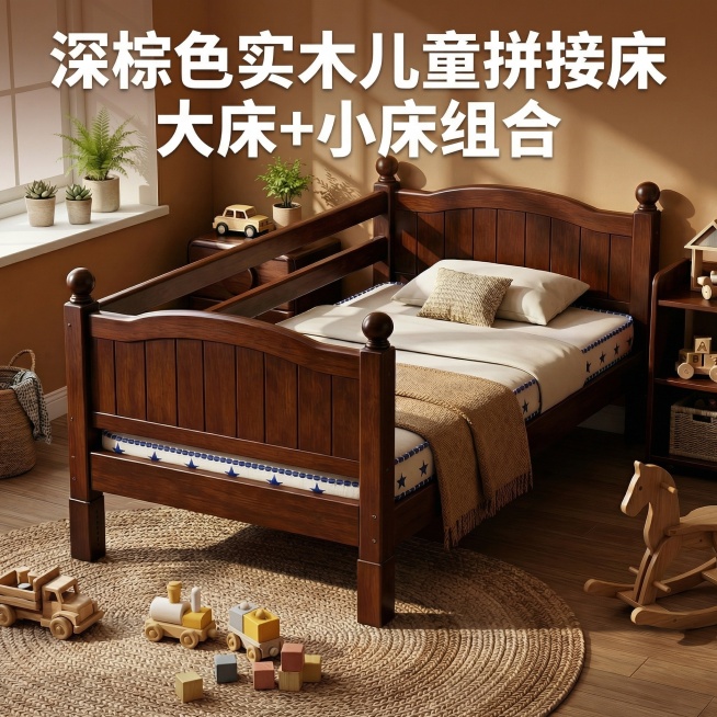 淘宝电商主图海报，标题文字"深棕色实木儿童拼接床 大床+小床组合"，展示完整产品，放在温馨儿童卧室场景，温暖治愈风格，明亮自然光，清晰突出产品，深棕色实木材质，蓝色星星床品，淘宝电商详情页主图设计预览效果