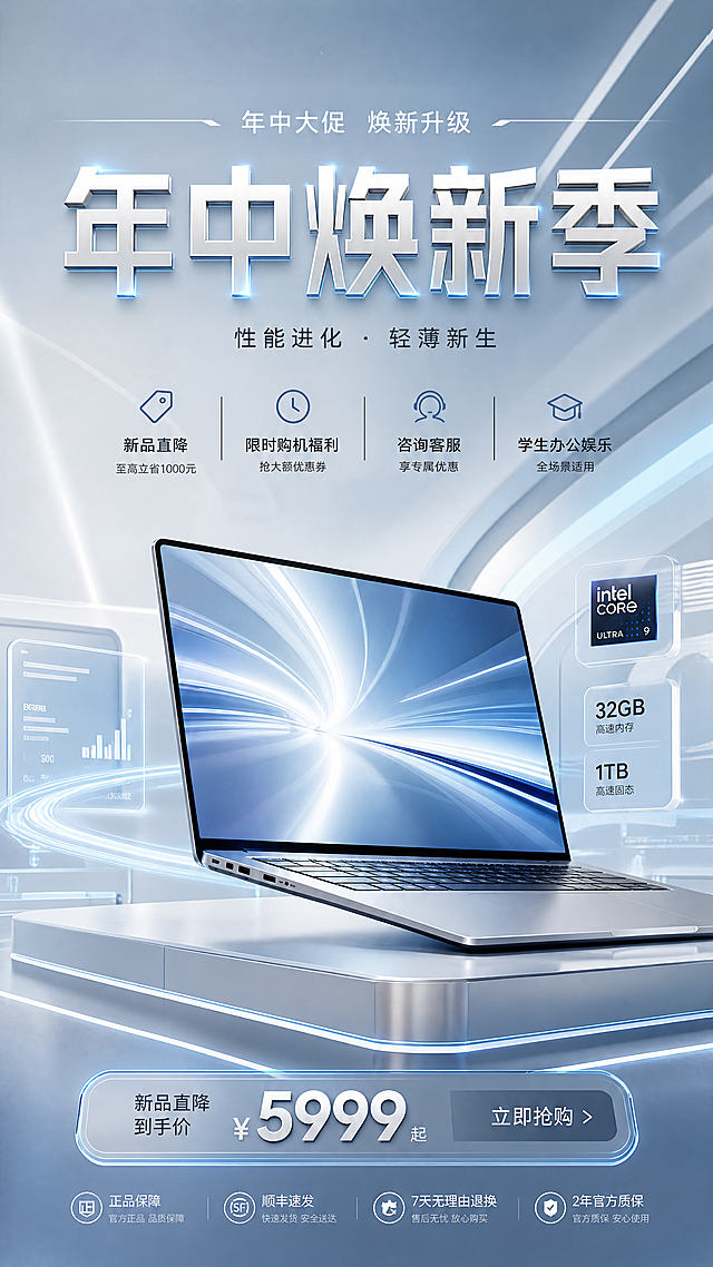 未来感科技风设计，金属与玻璃质感融合，3D立体光影营造空间体积感，轻拟物风格呈现商务高端氛围，契合年中焕新季主题。