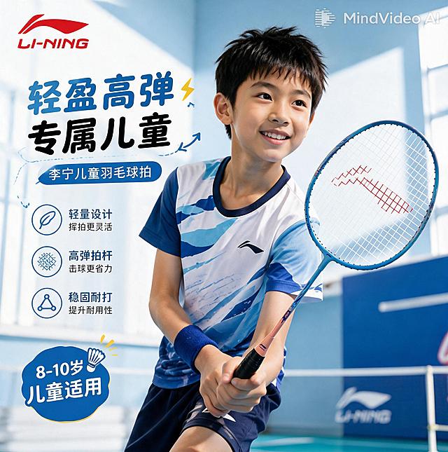 将原图中男孩手中的羽毛球拍替换为图片2、3、4、5提供的浅蓝色李宁儿童羽毛球拍，保持男孩姿势、整体海报布局、文字和光影不变，替换的球拍需要和男孩的手部握持姿势匹配，自然融合到海报场景中，光影和色调和原图保持一致