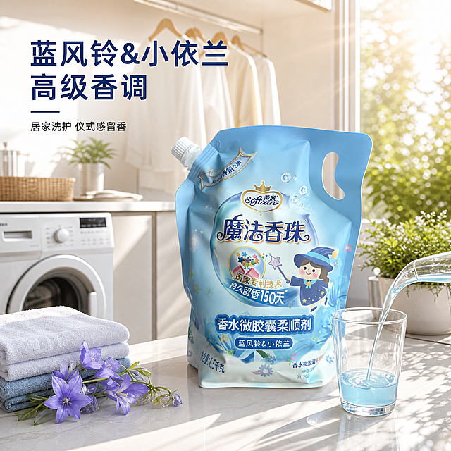 [主图-4] 详情图-真实使用场景，核心任务是展示产品在家庭阳台/洗衣区的真实使用场景，增强代入感与生活品质感。
[统一基调] 京东平台简洁稳重高端风格，文字占比<30%，一图一重点；整体洁净通透，自然光感，温馨家居氛围；标题字色深蓝，辅助字色深灰；字体为现代无衬线粗体，字号层级分明。
[画面] 产品主体放置在画面中前景的浅色洗衣台面上，占比约40%，完整展示柔欣魔法香珠袋装柔顺剂，外观与原图一致，袋身微微倾斜，旁边有一个透明玻璃杯正倒入少量淡蓝色柔顺剂液体，液体有清透质感；背景是明亮整洁的现代家居阳台洗衣区：白色洗衣机、挂着的干净衣物、窗边绿植、阳光从右侧窗户洒入，形成柔和光斑；台面上还有叠放整齐的干净毛巾与一小束蓝紫色风铃花，呼应蓝风铃香调；整体场景真实自然，充满洁净生活气息。
[光影质感] 真实家居自然光质感，主光从右侧窗户射入，形成柔和的明暗关系；产品表面有自然的环境反光，底部有真实接触阴影；液体清透有光泽；场景光影统一，温暖明亮，高端生活感。
[配色] 场景主色调白色、浅木色、淡蓝绿色；产品蓝白配色自然融入；阳光暖金色调点缀；整体清新明亮有品质感。
[文字版式] 画面左上角主标题"蓝风铃&小依兰 高级香调"，字体简洁醒目；左下角小字"居家洗护 仪式感留香"；文字放在画面负空间，不遮挡产品主体；文字量少而精，符合京东风格；字体统一现代无衬线。
[输出要求] 1:1正方形比例，2048*2048，2K高清；产品清晰不变形，与场景融合自然无悬浮；场景真实有生活感；文字清晰无错字；禁止出现绝对化违禁词、促销违规词；禁止出现京东Logo、水印；禁止杂乱场景；负向：变形、错字、模糊、水印、悬浮、穿模、场景脏乱、人物面部扭曲。