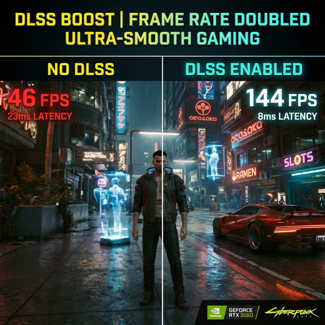 Split-screen comparison image for NVIDIA RTX 3060, left side: game scene without DLSS (blurry textur预览效果