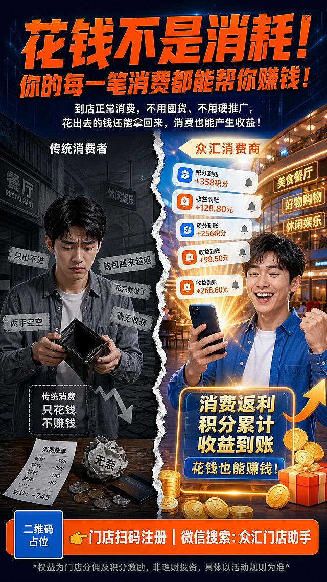 一张竖版商业营销海报，9:16比例，画面采用左右撕裂分割对比效果，视觉冲击力强。

【左侧画面-传统消费者】一个普通人站在空荡荡的钱包前，钱包越来越瘪，花钱之后两手空空，表情无奈失落，整体色调偏灰暗冷色，表现传统消费只出不进的痛点。

【右侧画面-众汇消费商】同一个人正常吃喝玩乐消费，开心地拿着手机，手机屏幕不断弹出积分到账、收益到账的通知，金光闪闪的收益数字，整体色调明亮温暖，科技蓝与亮橙色搭配，氛围积极喜悦。

【中间撕裂效果】画面中间做纸张撕裂分割效果，粗糙的撕纸边缘，左右形成强烈对比，直观反差传统消费与众汇消费商的区别。

【配色方案】主色科技蓝#1976D2，主标题用亮橙色#FF6B00特大加粗，是整张海报的视觉核心，痛点侧偏冷灰暗，收益侧明亮温暖。

【文字排版】
顶部特大号亮橙色#FF6B00加粗主标题（视觉核心，最醒目）："花钱不是消耗！你的每一笔消费都能帮你赚钱！"

主标题下方白色副标题（清晰易读）："到店正常消费，不用囤货、不用硬推广，花出去的钱还能拿回来，消费也能产生收益！"

画面中部左右分屏对比，左侧上方标注白色小字："传统消费者"，右侧上方标注亮橙色小字："众汇消费商"

底部行动指引区（亮橙色#FF6B00色块按钮，白色粗体字）："👉门店扫码注册｜微信搜索：众汇门店助手"
按钮下方灰色小字备注："*权益为门店分佣及积分激励，非理财投资，具体以活动规则为准*"

画面中所有文字必须清晰可读，所有文字内容必须精确渲染，不得错位、遗漏或编造。
画面中所有信息区域必须填充完整合理的内容，不得出现空白框、空白占位。
画面中所有二维码区域使用纯色方块占位符呈现，方块中央标注"二维码占位"文字，严禁生成任何可识别的二维码图案。
版式精美，商业营销海报风格，高清质感，2K分辨率。