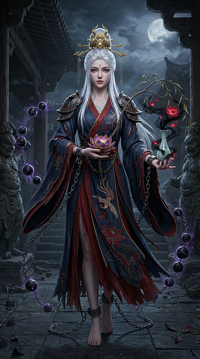 生成一个诡观音角色cg高清角色，皮肤质感高清，暗黑仙侠画风，2.5D。9:16.面部精致。五官细节刻画完整，人物清晰细腻。暗黑奇幻观音，4K 超细节，电影级打光，超写实纹理，繁复细节，8K 渲染，虚幻引擎 5，Octane 渲染器（保证建模质感与精度）眉目精致的少女形象，破败古中国丝绸长袍，藏青 + 血红配色，破碎莲花与骨凤金绣，宽松袖摆边缘磨损，肩部铁制铠甲「带锈蚀黑痕」，腕踝缠绕锁链「连接悬浮佛珠」）（净瓶盛满漩涡黑雾与发光红莲瓣，柳枝带枯叶 + 尖刺，墨玉佛珠「带裂纹，渗淡紫光」）头戴重金步摇，雪白头发，手里捧着紫金莲花。直视镜头。