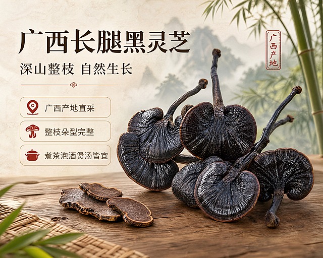 [商品] 使用【图1】广西长腿黑灵芝干货；保留整枝朵型、长柄、深紫黑色菌盖、菌盖放射状纹理、边缘浅褐边、自然褶皱质感；商品处理：保留原有形态结构和颜色，增强菌盖光泽与纹理清晰度，去除背景杂物，不改变灵芝本身形状比例。
[画面] 目标：头图海报，突出广西产地整枝黑灵芝品质与中式养生氛围。构图：左文右图，右侧灵芝主体占画面60%，错落摆放3-5枝整枝黑灵芝，前景有少量灵芝切片点缀；左侧留白放文案。背景：中式原木桌面+浅米色宣纸质感背景，后方虚化竹林/山间雾气，营造深山产地意境。前中后景三层：前景灵芝切片+木纹桌面，中景整枝灵芝主体，后景虚化山雾竹林。
[视觉] 套系策略：风格=中式养生自然商业摄影；标题字=宋体粗体（传统中式）；正文字=简洁无衬线体；主色=深棕褐+米白；背景延展=基于米白和深棕做深浅层级，木纹、宣纸、竹编材质延展；强调色=赭石红，仅用于小面积图标、引线和标签；标题色=深棕褐；正文色=中暖灰；组件=圆角浅米信息卡、细线引线、中式印章式标签；光影=左前侧暖柔光，侧逆光勾勒菌盖边缘光泽。
[文字] 左上区域主标题「广西长腿黑灵芝」，副标题「深山整枝 自然生长」，下方3个短卖点：①广西产地直采 ②整枝朵型完整 ③煮茶泡酒煲汤皆宜；文字横向排版，不遮挡灵芝主体。
[规格] 图片尺寸750×600像素，淘宝/天猫详情页，4K清晰度，避免变形、错字、文字过小、夸大功效、医疗化表述、冷蓝背景、灵芝颜色改变、形态失真。