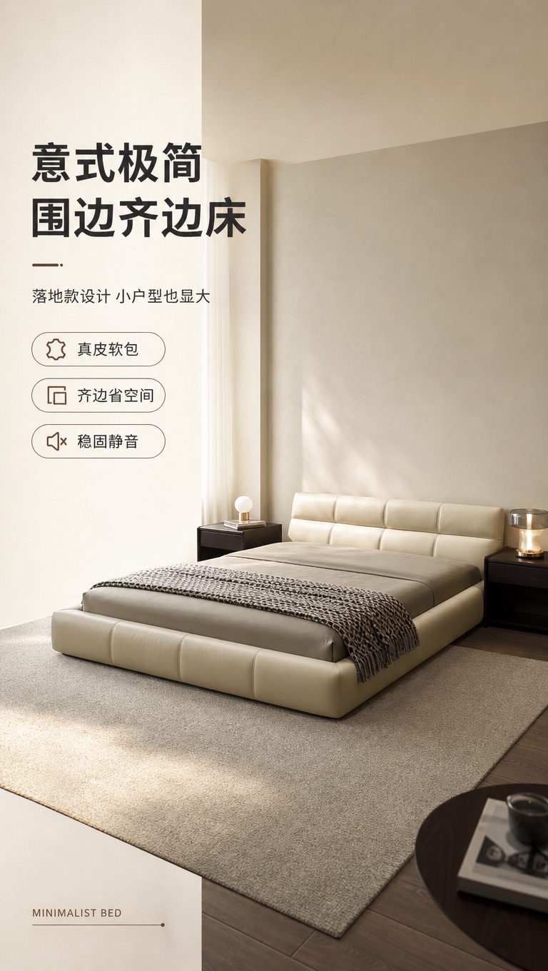 [商品] 使用【图1】米白色意式极简落地款围边真皮床；保留床头… - 图片创意预览