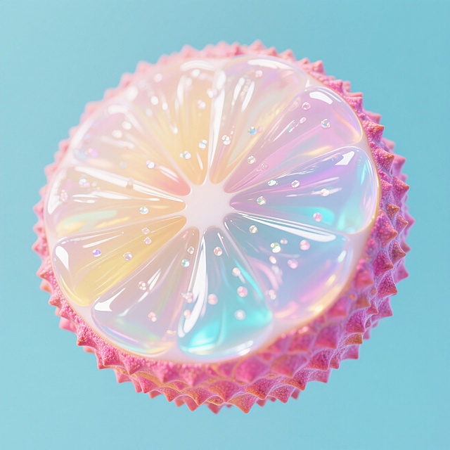 梦幻的渐变半透明的荔枝切片，表面是高反光的光泽材料，多彩的表面，特写，呈现出粉色、淡黄色、淡蓝色在内的多种颜色，慢慢渐变到透明玻璃材质，切片表面还有微小的闪闪发光的颗粒
