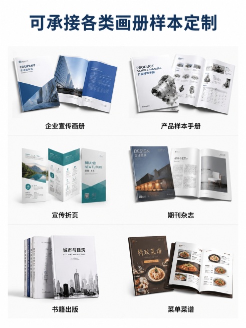 [第5屏] 可定制产品类型展示，展示可承接的多样画册样本品类。本屏产品风格参考【图1】。
[氛围/风格] 产品矩阵展示，丰富多样，专业整洁。
[元素布局] 顶部主标题，下方2×3网格布局，每个网格展示预览效果