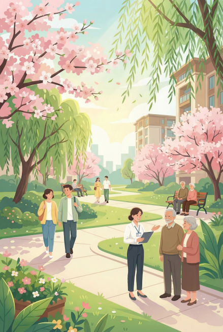 将原图中前景的女士换为身穿白衬衫的物业工作人员，正在微笑服务业主，保持整体春天小区公园插画风格不变，保留背景的樱花、柳树、建筑和其他人物预览效果