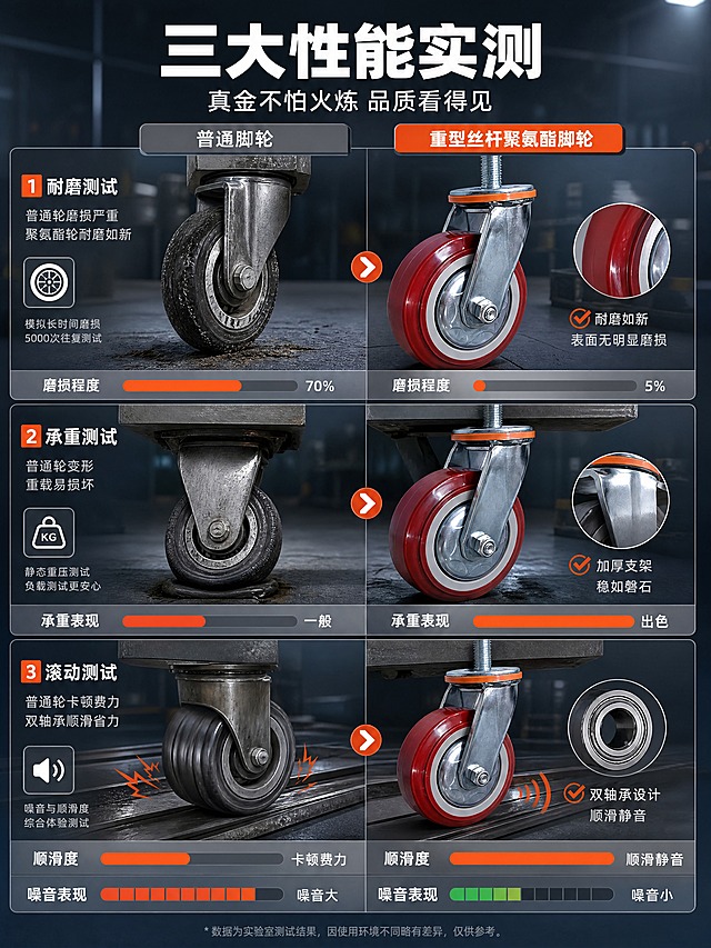[商品] 使用【图1】万向款重型丝杆聚氨酯脚轮；保留酒红色聚氨酯轮面、银灰色金属支架、橙色防尘圈、丝杆螺栓、双轴承结构的真实结构、颜色和材质；金属表面增强金属光泽，轮面增强质感，不改变产品结构和比例。
[画面] 目标：功能测试可视化，证明耐磨、承重、静音性能。构图：左右分栏对比布局，左侧普通脚轮磨损/变形示意，右侧本品完好状态，上下分3组测试：耐磨测试、承重测试、静音滚动测试。每组测试配脚轮状态图和可视化效果。背景：深灰蓝渐变，测试台场景，工业风灯光。前中后景：前景测试数据条，中景脚轮测试状态，后景测试设备虚化。
[视觉] 套系策略：风格=工业风专业五金商业摄影；标题字=粗黑无衬线工业字体；正文字=简洁无衬线体；主色=深灰蓝；背景延展=基于深灰蓝做深浅层级、测试场景光影和台面质感；强调色=橙红色，仅用于通过标识、数据高亮、对比箭头；标题色=白色；正文色=浅灰色；组件=对比箭头、数据进度条、测试标签卡；光影=顶部工业射灯效果，突出测试主体。
[文字] 顶部主标题「三大性能实测」，副标题「真金不怕火炼 品质看得见」。3组测试：1.耐磨测试 普通轮磨损严重vs聚氨酯轮耐磨如新 2.承重测试 普通轮变形vs加厚支架稳如磐石 3.滚动测试 双轴承顺滑省力vs普通轮卡顿费力。每组配对比图标和短说明，文字横排。
[规格] 图片比例3:4竖版，4K分辨率，避免变形、错字、文字过小、冷白背景、产品颜色改变、结构失真、极限词、虚构精确数据。