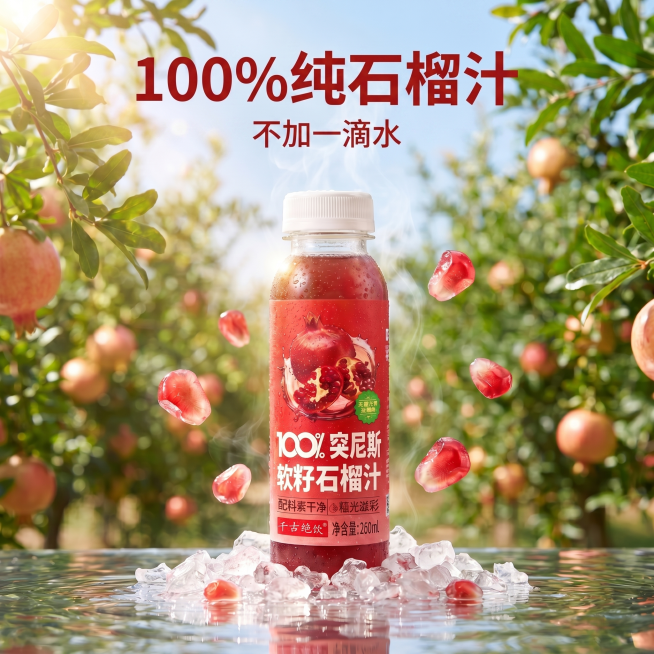 [主图 1] 核心主图：100%纯石榴汁首图，去掉文字“千古绝饮”
[氛围风格] 清新自然高品质风格，传递纯净新鲜高品质印象，适配抖音兴趣电商
[画质] 商业摄影质感，光线柔和通透，产品清晰真实，画面预览效果