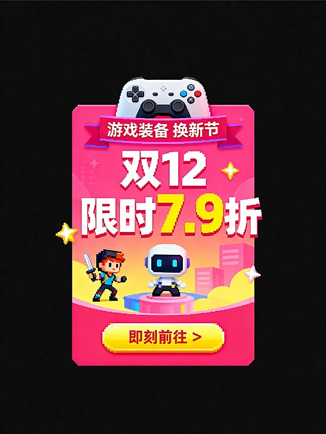 一个粉红色渐变的长方形，粉黄色调，无黑边像素风格，顶部有游戏手柄图标，醒目提示横幅“游戏装备 换新节”，超大字体“双12 限时7.9折”。下方亮黄色按钮“即刻前往 >”；融合了游戏元素（如卡通角色、星星特效）。