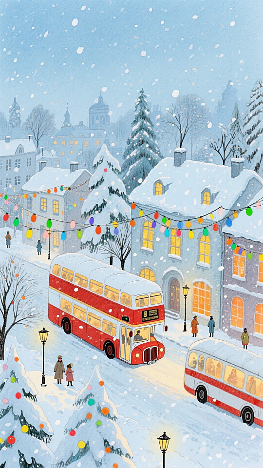 浅蓝、白、橙主色调，夜景，全景式构图。两辆红白色调的复古巴士（双层与单层）行驶在积雪的街道上；欧式建筑覆着厚雪，窗内透出暖黄色灯光；被雪覆盖的树木点缀彩色饰品，空中悬挂彩色串灯；飘雪花，街道旁有身着冬装的行人、复古路灯。