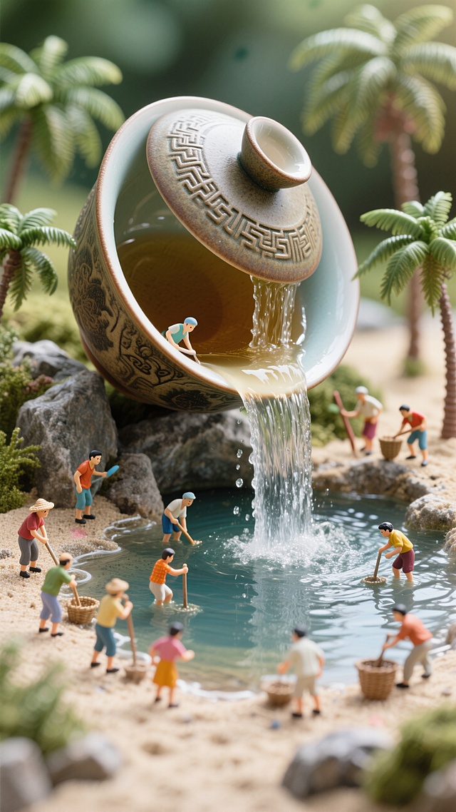 一个半倾倒的巨大中式盖碗，下半部分内部形成了一个小池塘，茶水像瀑布一样从上半部分倾泻而下。有一些细腻的微缩小人物，人们穿着鲜艳的衣服在池塘周围进行着各种活动，池塘周围环绕着微型沙滩、岩石和椰子树