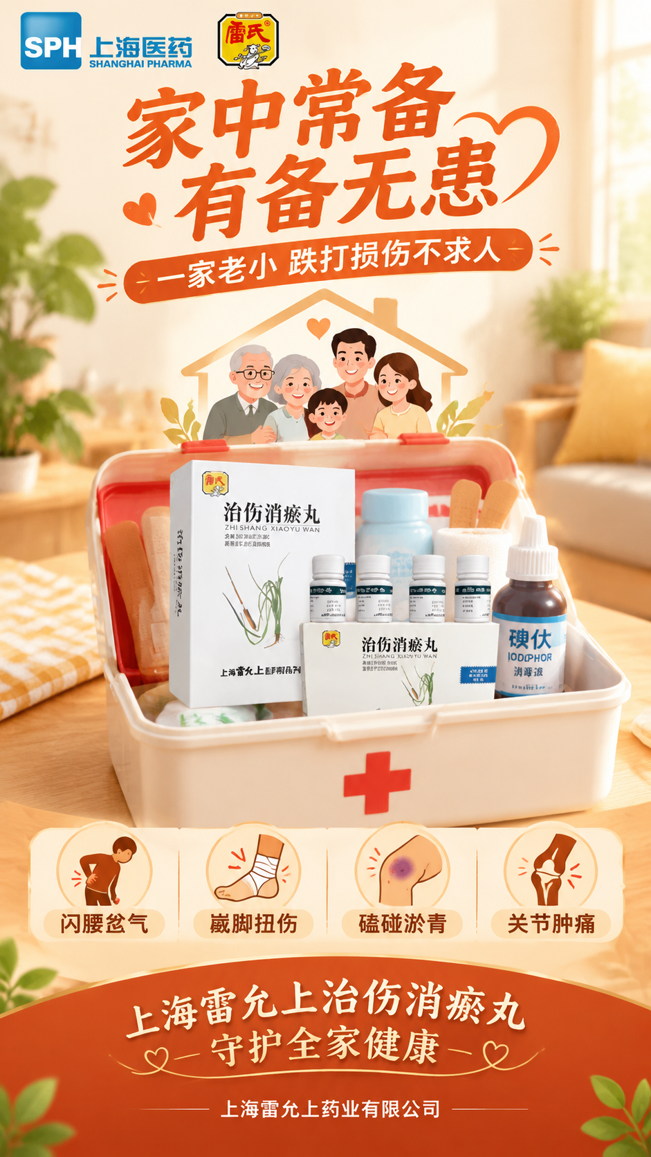 治伤消瘀丸家中常备暖心海报，温馨家庭风格，竖版9:16。顶部品… - 图片创意预览