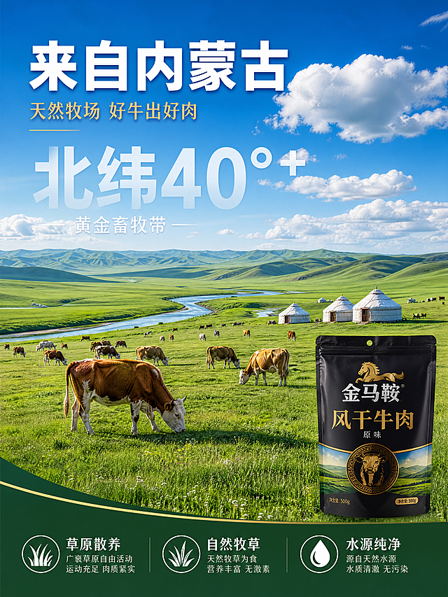 [第3屏] 产地溯源-金马鞍风干牛肉内蒙古天然牧场。本屏为产地专屏，以产地场景为主视觉，产品包装作辅助。
[氛围/风格] 辽阔草原风光 天然纯净 产地信任 大气震撼。
[元素布局] 画面上三分之二为辽阔的内蒙古大草原实景：蓝天白云下连绵起伏的绿色草甸，成群的黄牛在悠闲吃草，远处有白色蒙古包与蜿蜒河流，阳光洒在草原上形成明暗层次。画面右下角嵌入金马鞍风干牛肉原味包装袋（与输入产品图绝对一致）作为产品露出，占比约15%。产地场景元素占屏约70%，为绝对主视觉。
[光影质感] 正午自然日光，草原明亮通透，云层有体积感；牛群与蒙古包有自然阴影，整体光线均匀有层次。
[配色色系] 全局底色 天空蓝渐变草原绿；主色 草原绿+天空蓝+云朵白；辅助色 牛群棕黄、蒙古包白、金色点缀。
[视角构图] 大场景广角俯视，草原为绝对主体；阅读动线 顶部产地标题 → 中部草原大场景 → 右下产品露出+底部说明。
[文字版式] 左上区域主标题「来自内蒙古」，白色超大粗体字带轻微阴影；副标题「天然牧场 好牛出好肉」，金色细体约三分之一高。中部超大数字「北纬40°+」，白色半透明大字号，下方小字「黄金畜牧带」。底部蒙层内三列产地优势：「草原散养」「自然牧草」「水源纯净」，白字图标+说明。
[比例分辨率] 3:4 竖版比例，4K分辨率，文字清晰可辨，高清画质。
[负向提示词] 变形，水印，文字错乱，文字过小，产品图模糊，背景杂乱，牛群失真。