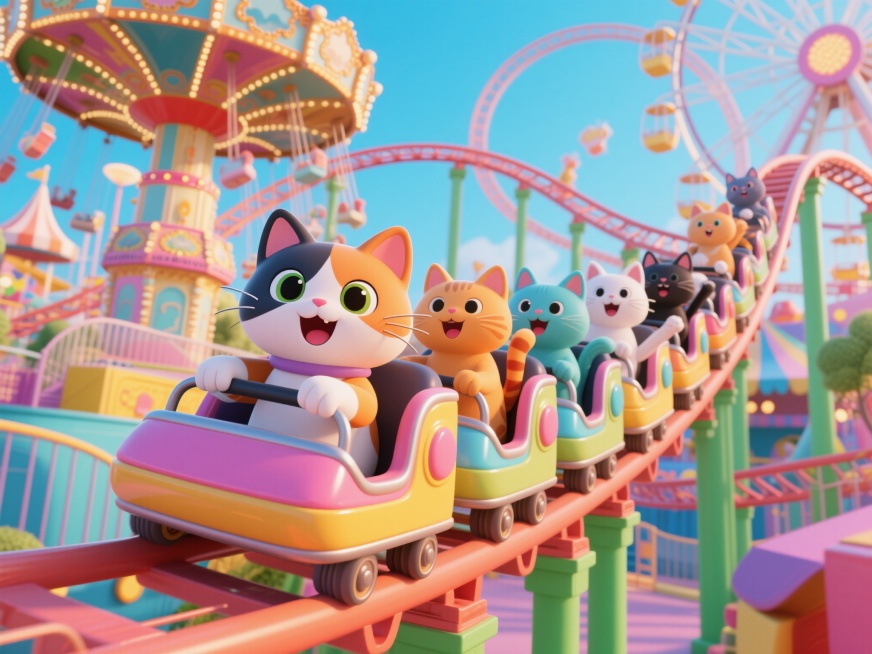3D卡通风格，可爱的三花猫咪作为主角，在色彩鲜艳明亮的游乐场中，和一群不同颜色的猫咪们一起乘坐过山车，过山车轨道蜿蜒曲折，背景有旋转木马和摩天轮，猫咪们表情兴奋，画面充满欢乐氛围，高饱和度色彩，细节丰预览效果