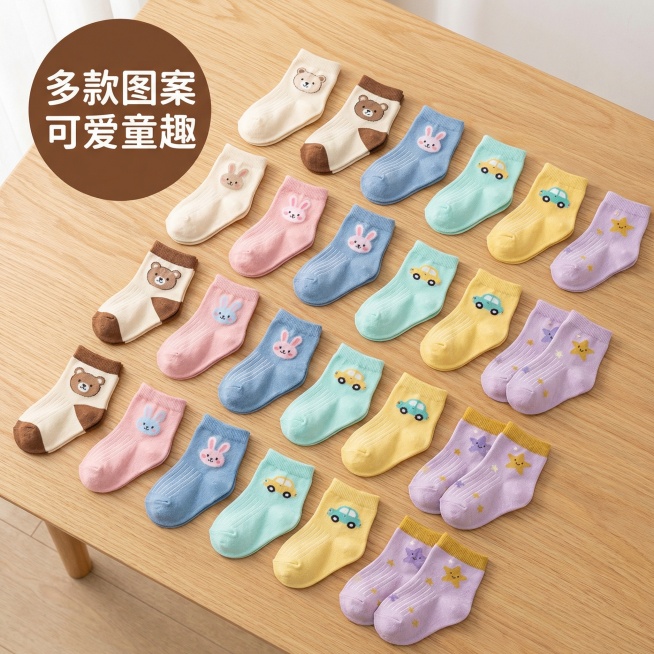 [主图 2] 多款式组合展示
[主图主题] 多图案卡通袜子组合展示
[氛围/风格] 活泼整洁陈列，明亮清新
[画面元素] 将不同卡通图案（小熊、小兔、小汽车、星星）的儿童纯棉袜子整齐排列摆放在浅原木色预览效果