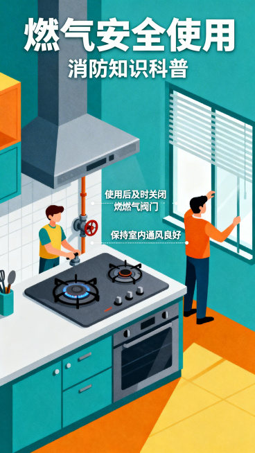 消防知识科普海报，统一扁平化插画风格，主题：燃气安全使用，包含关阀通风提示，简约干净，色块分明，科普宣传向预览效果