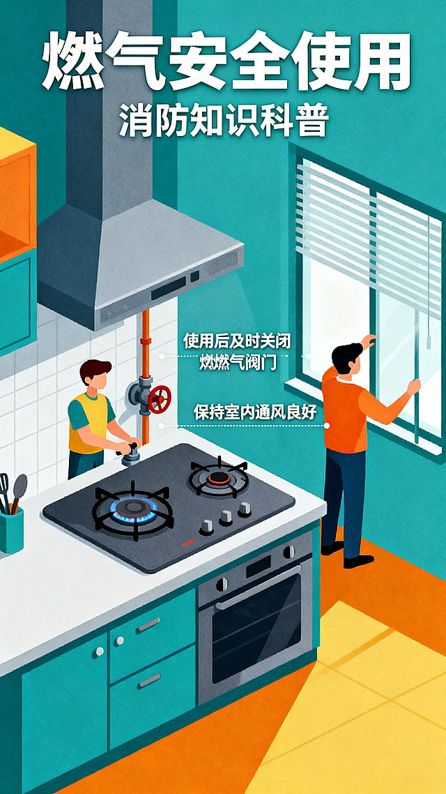 消防知识科普海报，统一扁平化插画风格，主题：燃气安全使用，包含关阀通风提示，简约干净，色块分明，科普宣传向