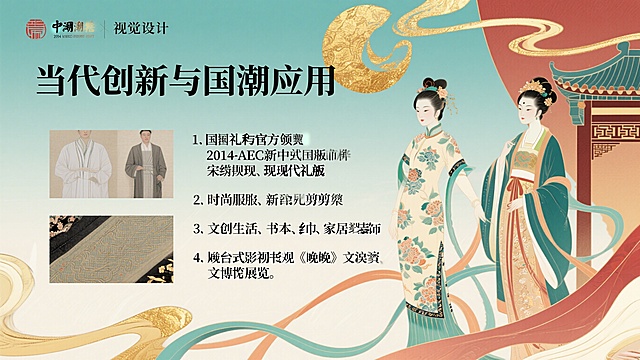 PPT页面设计，标题“当代创新与国潮应用”，内容分为四点：1.国礼与官方亮相：2014年APEC新中装主面料；2.时尚服饰：新中式礼服、宋锦+现代剪裁；3.文创生活：书衣、丝巾、家居软装；4.舞台与影视：春晚、汉服秀、文博展览。国潮风格，现代与传统结合排版