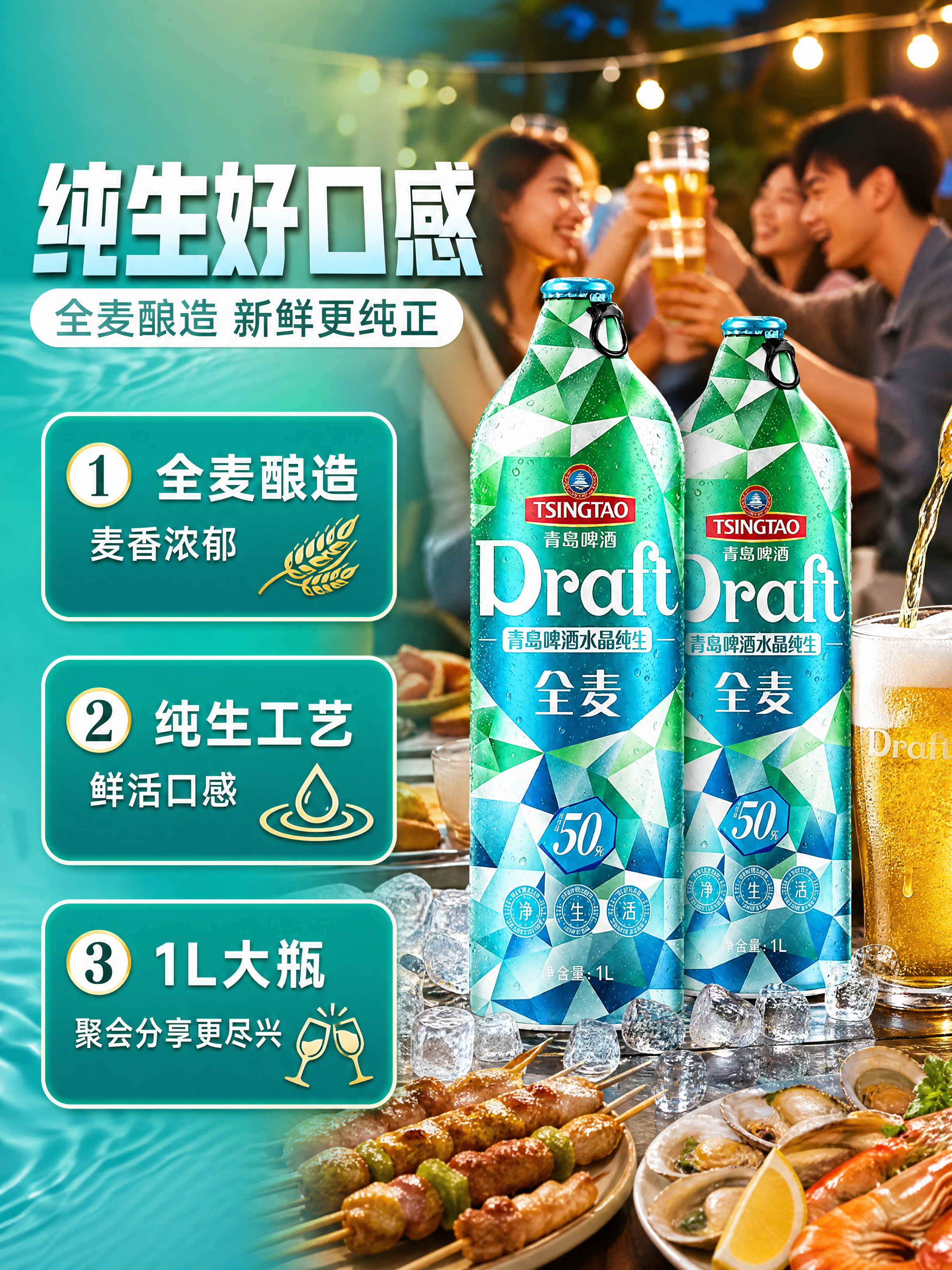 [商品] 使用【图1】青岛啤酒水晶纯生全麦1L大瓶产品图；保留… - 图片创意预览