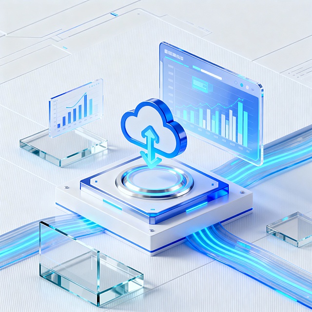 未来科技感场景，浅蓝与白色为主色调，等距视角（2.5D）构图，包含带有数据图表的全息屏幕、悬浮的科技云图标、透明玻璃质感的几何板块、流线型蓝色光带。赛博朋克风的极简科技风，低多边形建模，柔和的赛博朋克式冷光光影，材质融合透明亚克力与金属光泽，背景为简洁的科技感纹理平面，营造专业、前沿的人工智能与通讯科技融合的场景，平铺视角，高清晰度渲染，突出未来感与科技精密感